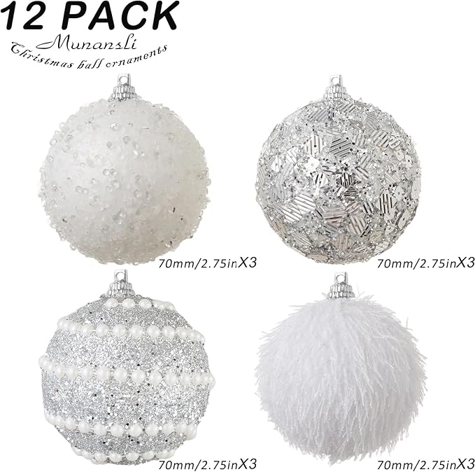 Silver Christmas Ball Ornaments, Christmas Ball Decorations Shatterproof Plastic Hanging Pearl Balls for Holiday Party(70mm/2.76", 12ct)