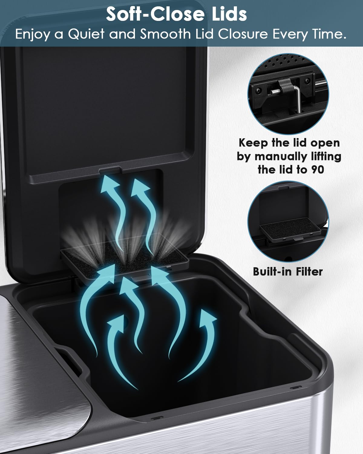 Arlopu 16Gal Dual Trash Can w/2 Built-in Box for Odor Control, Hands-Free Kitchen Garbage Bin, Recycle Waste Dustbin, Soft-Close Lid, 2 Buckets,Foot Pedal, Side Handle, Airtight,for Home Office