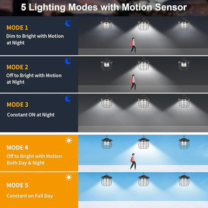 Shed Lighs Solar Powered 3000LM Solar Pendant Light Outdoor, Gazebo Lantern with 2 Motion Sensor Retro Style Metal Frame Solar Lamp with Remote for Canopy Garden Patio Umbrella, 3 Color Temps