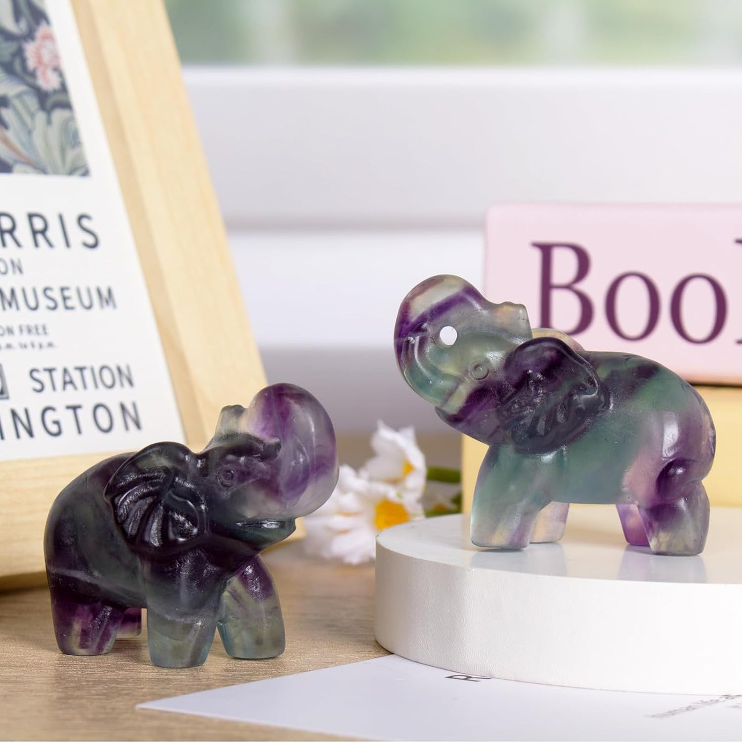 2 Inch Rainbow Fluorite Crystal Elephant Sculpture Handcrafted Healing Stone Animal Figurine Spiritual Home Decor Lucky Charm Gift for Wealth Success Positive Energy and Meditation Lovers