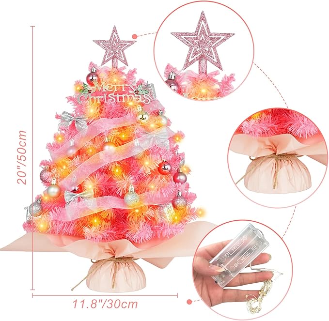 20" Mini Pink Christmas Tree, Artificial Small Christmas Tree with Lights, Tabletop Christmas Tree with Star Treetop,Bow Boxes and Ball Ornaments for DIY Christmas Decoration (Pink)
