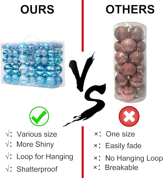 100PCS Christmas Ball Ornaments, Assorted Shatterproof Christmas Tree Decorations, Seasonal Decorative Hanging Baubles Decor Set for Xmas/Holiday/Party, Glitter&Painting Ornament Set (Light Blue)