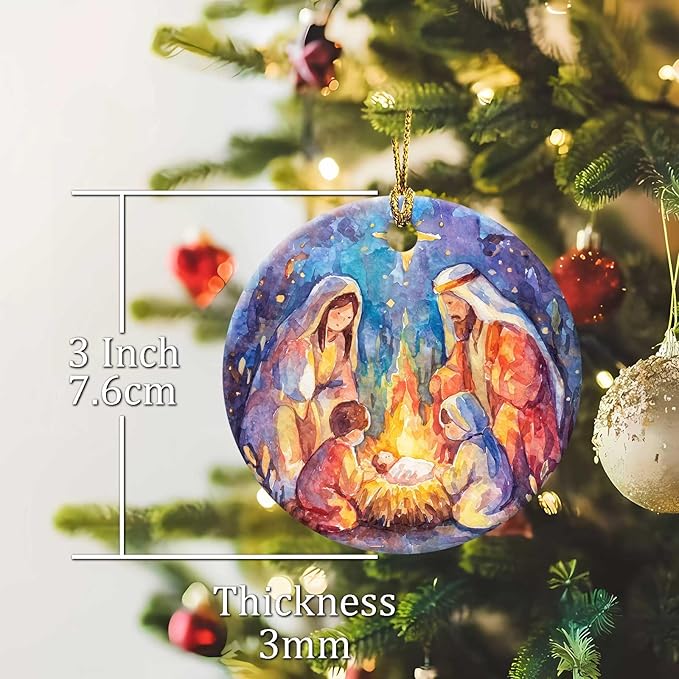 Nativity Night Ornaments Nativity Scene Round Ceramic Watercolor Birth of Jesus Christ Hanging Ornament Christmas Keepsake Decor for Xmas Tree Winter Holiday Xmas Gift for Women Men 3"