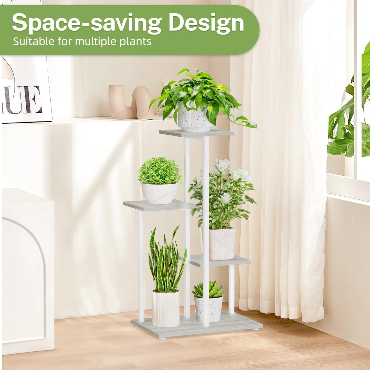 iDavosic.ly 4 Tier Plant Stand Indoor, Tiered Corner Plant Shelf for Multiple Plants, Metal Wood Tall Plant Display Rack Flower Holder for Patio Porch Garden Balcony Bedroom, White
