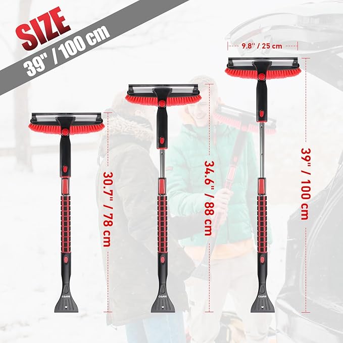 COFIT Car Snow Brush with Ice Scraper and Squeegee 3 in 1, 39" Extendable Cleaning Kit Long Handle, Windshield Snow Removal Tool Scratch Free for SUV Truck RV Window Roof Exterior Wash Supplies, Red
