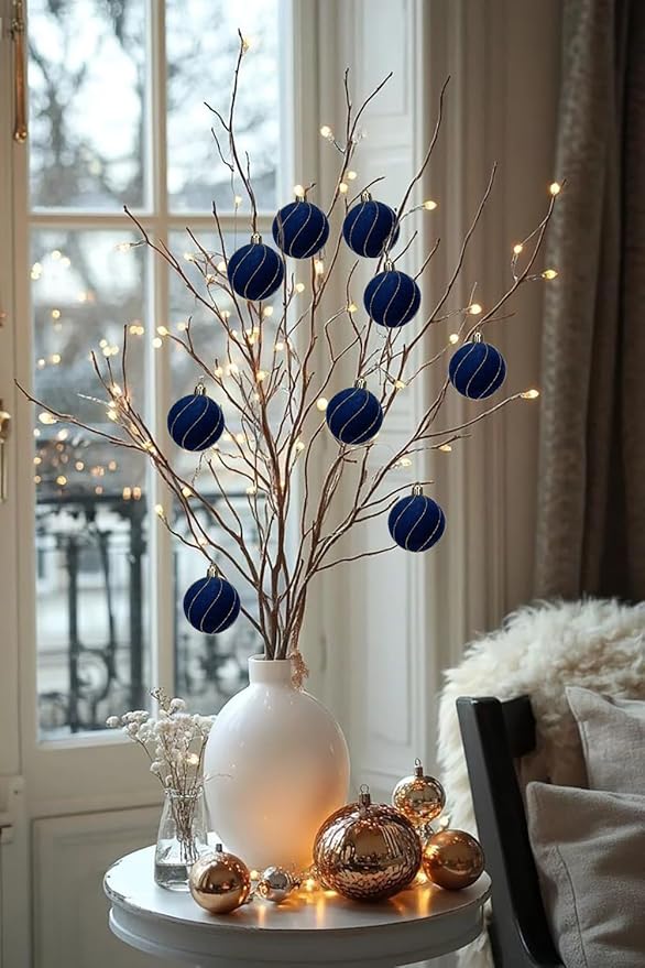 24PCS Velvet Christmas Ball Ornaments Set, 2.36" Shatterproof Baubles for Christmas Tree Decorations, Gold-Lined Hanging Baubles with Velvet Finish for Thanksgiving Holiday Party Décor, Navy Blue