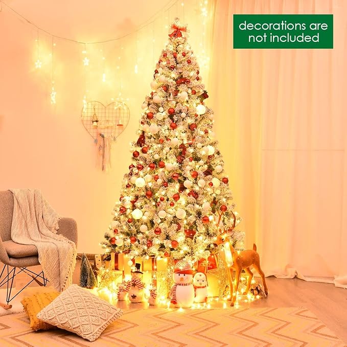 HAPPYGRILL 7.5FT Pre-lit Artificial Christmas Tree Hinged Snow Flocked Christmas Pine Tree with Solid Metal Stand Flexible Branches Traditional Festival Decoration Tree