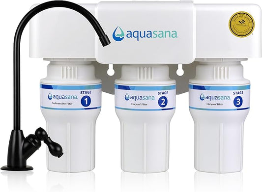Aquasana Under Sink Water Filter | 3-Stage Claryum Filtration | Reduces up to 99.99% of PFAS, Lead, Chlorine, & More | Under Counter Drinking Water Filter | Includes Matte Black Faucet | AQ-6300-MB