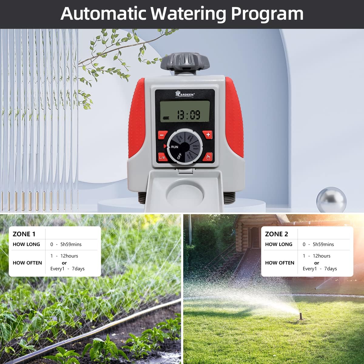 Electronic 2-Outlet Hose Water Timer Waterproof Programmable Garden Yard Sprinkler Timer Automatic Valve Red