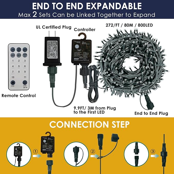 Decute 800Leds 272FT Colors Changing Christmas String Lights 4 Colors in 1 Strand 11 Modes, Waterproof Indoor Outdoor Tree Fairy Lights Warm White & Multicolor with Timer Remote