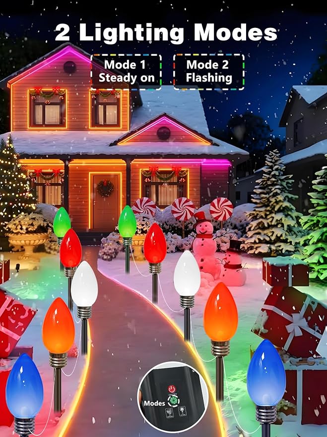 10 Pack Large C9 Christmas Decorations Outdoor Waterproof, Solar C9 Christmas Lights Outdoor with 2 Modes, Solar Pathway Lights for Outside Party Yard Lawn Patio Walkway Xmas Decoration (Multicolor)