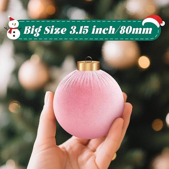 9 Pcs Pink Christmas Tree Ornaments Set, 80mm/3.15in Large Velvet Christmas Balls for Xmas Tree Decorations Shatterproof Hanging Flocked Balls Ornaments Baby Pink