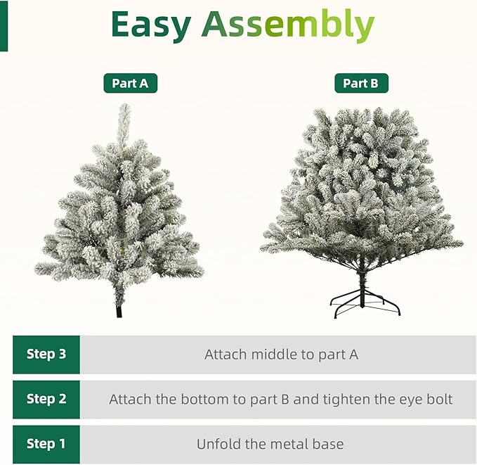 6FT Pre-Lit Snow Flocked Christmas Tree with 300 Warm White LED Lights, 575 PVC Branch Tips, Fake Xmas Snowy Trees,Pre-Hinged & Foldable Base for for Indoor, Office, Party, Holiday Décor