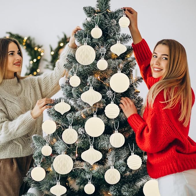 28PCS Velvet Christmas Balls Ornaments, Flocked Shatterproof Beige Cream Xmas Tree Hanging Decoration Plastic Ball Set Bulk Ornament for Winter Trees Holiday Party Home Wreath Decor