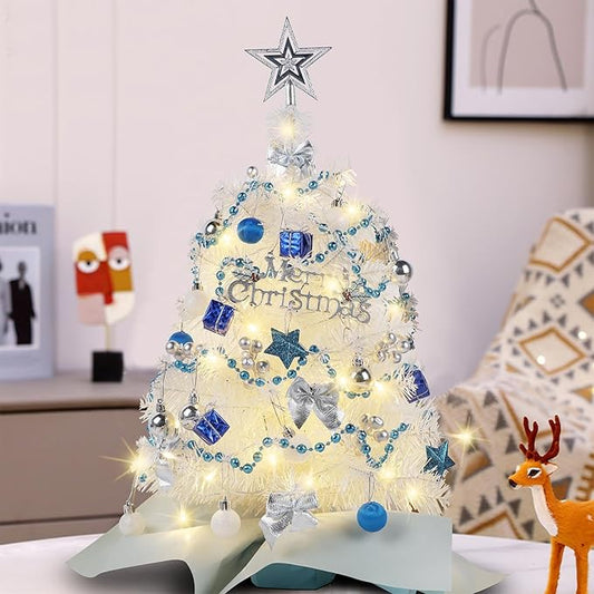 Juegoal White Mini Christmas Tree, 24 Inch/2 FT Lighted Tabletop Artificial Xmas Pine Tree, Small Spruce Tree Light Up Battery Operated & Timer with 50 LED Lights, for Holiday Winter Home Party Decor