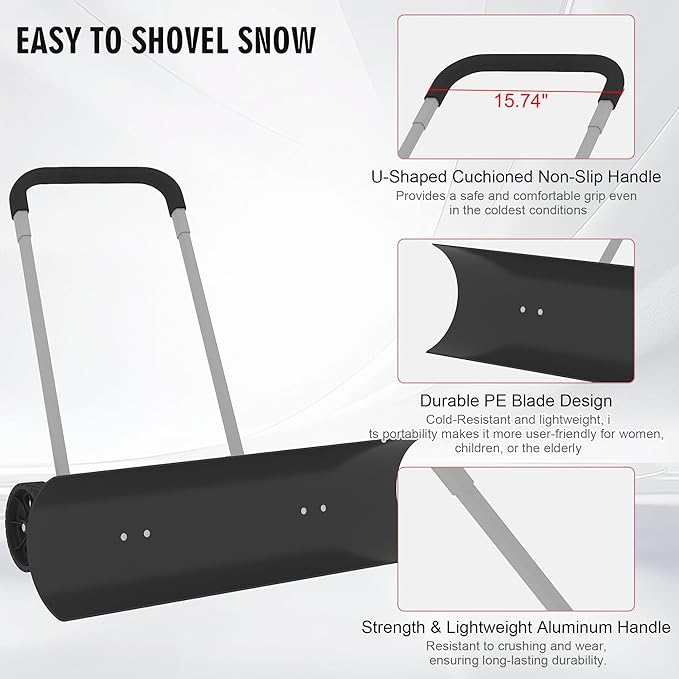 Snow Shovel with Wheels for Driveway, Snow Pusher Shovel with Adjustable Handle, Snow Plow Shovel with Large 37.4” x 9.8” Adjustable Angle Blade for Yards, Sidewalks, Decks, Job Site and Office
