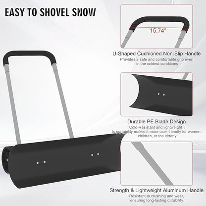 Snow Shovel with Wheels for Driveway, Snow Pusher Shovel with Adjustable Handle, Snow Plow Shovel with Large 37.4” x 9.8” Adjustable Angle Blade for Yards, Sidewalks, Decks, Job Site and Office