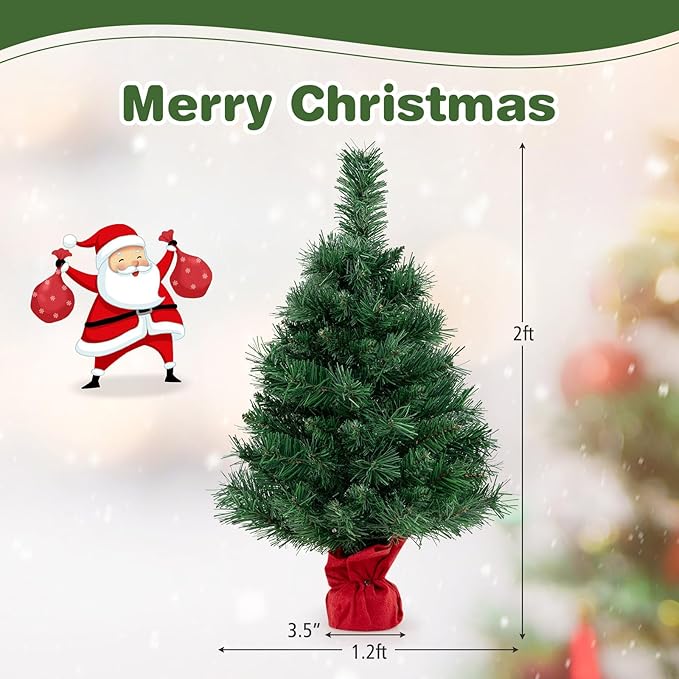HAPPYGRILL 2FT Small Prelit Christmas Tree, Mini Tabletop Battery Operated Artificial Xmas Tree w/35 LED Lights, 71 Tips & Solid Cement Base, Christmas Spruce Fir Decoration for Fireplace Home Office