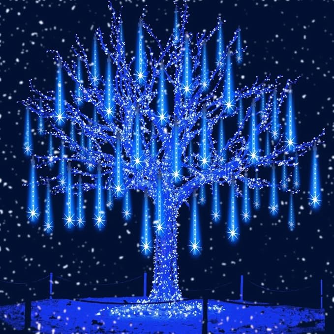 Aukora Blue Christmas Lights Outdoor, UL Plug 24 Tubes 576 LEDs Meteor Shower Light, Tandemable Icicle Snow Falling Rain Lights for Xmas Tree Halloween Decorations Wedding Party Holiday Garden Decor