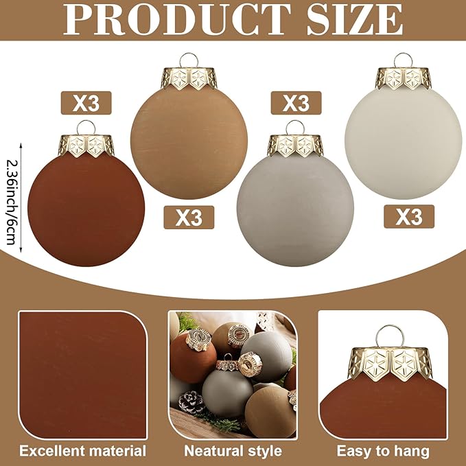 12 Pcs Neutral Matte Christmas Ball Ornaments 2.4 Inch Rustic Boho Terracotta Tan Gray Ivory Xmas Bulbs Ornament Vintage Xmas Baubles Modern Christmas Decor for Tree Farmhouse Holiday Decor
