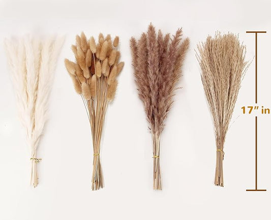 Dried Pampas Grass Decor, 100 Stems Pampas Grass Contains Bunny Tails Dried Flowers, Reed Grass Bouquet for Wedding Boho Flowers Home Table Decor, Rustic Farmhouse Party (17", White and Brown)