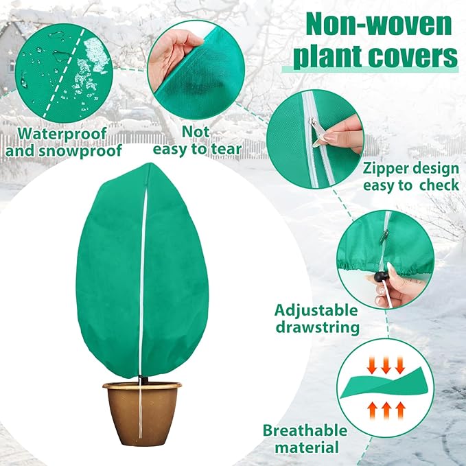 4 Pack Plant Covers Freeze Protection for Winter, 2.2oz/yd² Frost Blankets Cloths With Zipper/Drawstring (47" X 32"), Large Plant Frost Protection Covers Outdoor, for Shrub Bush Fruit Tree Potted