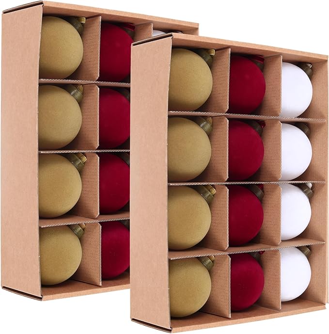 24 Pcs Velvet Christmas Balls Bulk Shatterproof Plastic Christmas Tree Decorations for Decorative Hanging Baubles (24, White、Wine red、Khaki, 3.15Inch)