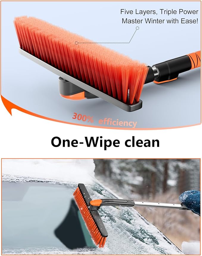 [Upgrade] Ice Scraper & Extendable Snow Brush for Car Windshield [Military-Grade Sturdy] - 360° Pivoting Brush Head with Silicone Grip for Effortless One-Swipe Clean on Auto (Large)