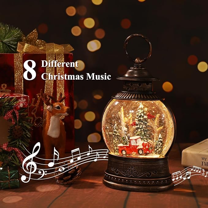 Christmas Snow Globes,Swirling Music Box Christmass Trees with 8 Songs & 6H Timer,Battery Operated & USB Powered Christmas Lanterns for Indoor Holiday Table Party Gifts