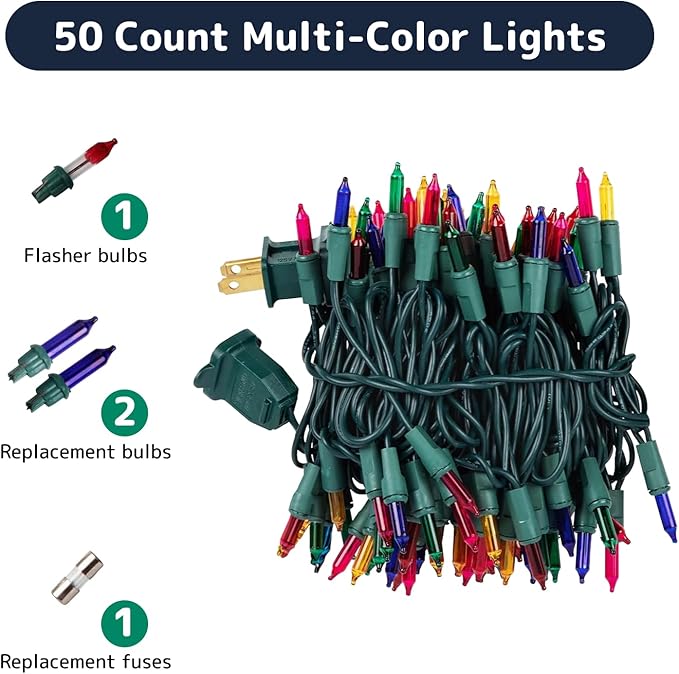 PREXTEX 50 Ct. Multi-Color Christmas Tree Lights with Green Wire - 10 Ft String Lights for Indoor and Outdoor Use - Multicolor Twinkle Christmas Tree Decoration with End-to-End Connectors