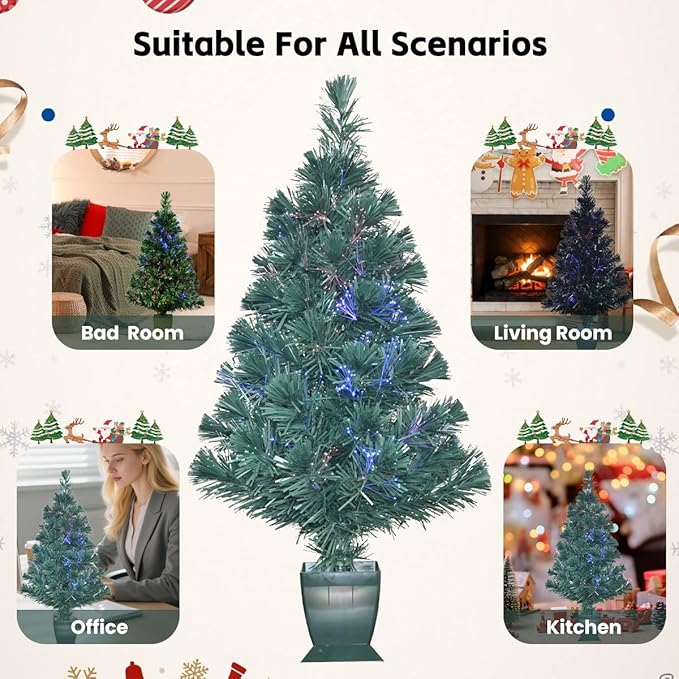 32inch Pre Lit Fiber Optic Christmas Trees,Small Christmas Tree with Lights,Mini Tabletop Christmas Tree,Starry Sky‌ Xmas Tree for Home,Office,Party Decoration,Indoor,Outdoor (Dark Green