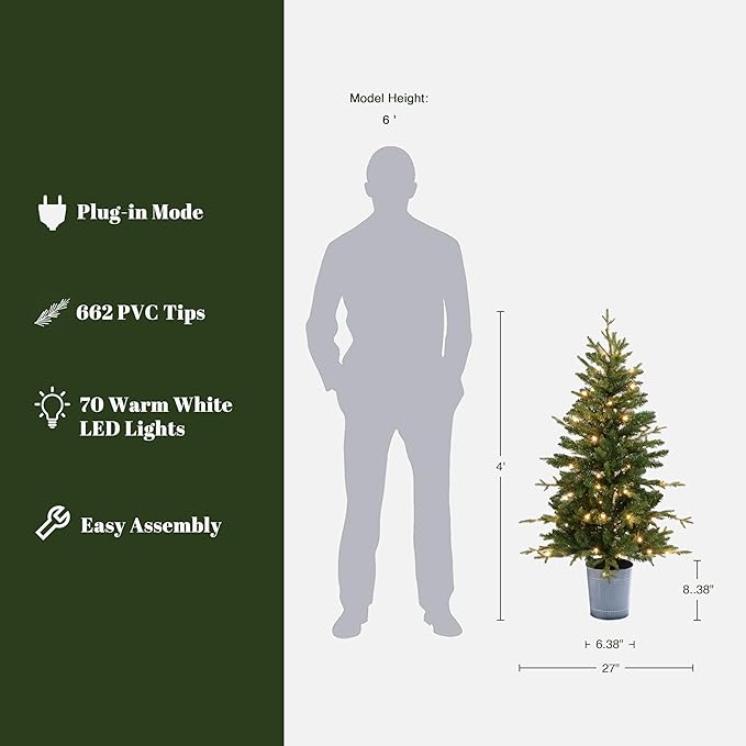 LuxenHome 4FT Small Christmas Tree, Prelit Slim Potted Christmas Trees with 70 Warm White LED Lights, Lighted Artificial Tree with Metal Pot, Small Faux Holiday Tree for Indoor Home, Office Decor