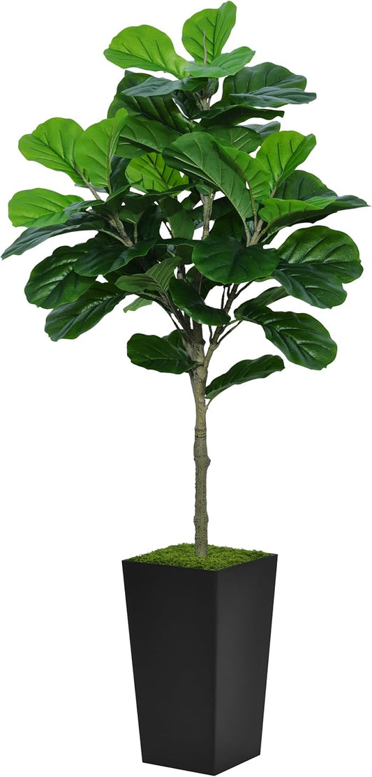 Fiddle Leaf Fig Tree Artificial 5FT - Faux Plant With Black Tall Planter - Fake Ficus Lyrata Floor Plant in Pot for Home Office Living Room Decor Indoor