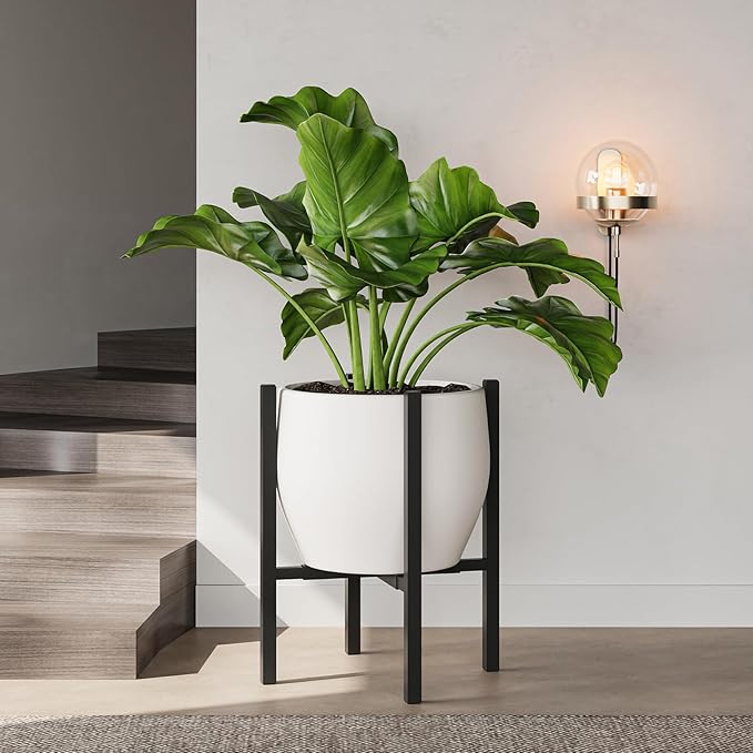 Adjustable Metal Plant Stand Indoor, Mid Century Modern Outdoor Planter Holder for 9 to 15 Inch Pots, Heavy Duty 160 LB Load, Corner Floor Stand for Home Garden Decor Black with Round Plate