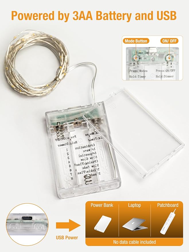 btfarm Fairy Lights Battery Operated with Timer 8 Modes, 16.4 FT 50 LED Silver Wire Twinkle String Lights Battery Powered Dimmable Waterproof for Indoor Home Party Wedding Christmas Decor, Multicolor