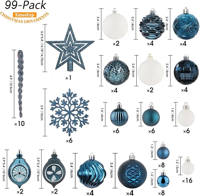 XmasExp 99-Pack Christmas Ball Ornaments Assorted Shatterproof Christmas Tree Decorations with Hand-held Gift Package for Xmas Tree,Home,Party (Blue)