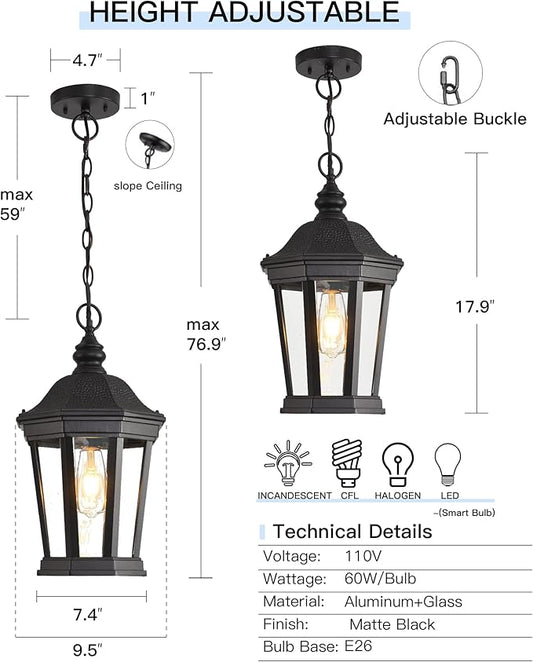 Large Outdoor Pendant Light Fixtures, 17.9" H Black Exterior Hanging Lantern Lights, Height Adjustable Outside Chandeliers with Clear Glass for Porch, Farmhouse, House