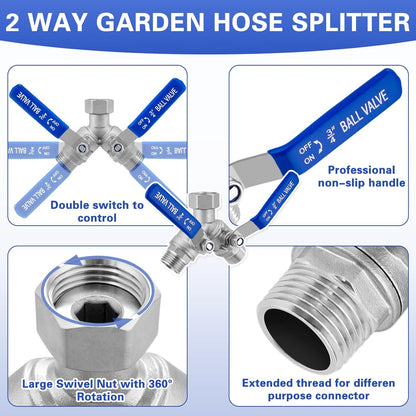 Garden Hose Splitter 2 Way Heavy Duty, 304 Stainless Steel Water Hose Splitter with Long Handle, Lead-free Y Water Garden Hose Splitter, 3/4" GHT Thread Full Flow 2 Way Water Hose Splitter