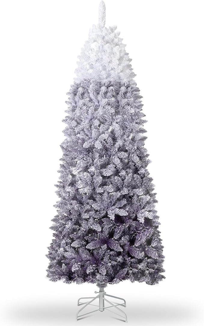 GAOMON 6Ft Snow Flocked Pencil Christmas Tree, Slim Artificial Christmas Tree with Sturdy Metal Stand, Skinny Xmas Tree Holiday Decoration for Home, Office, White & Purple Gradient