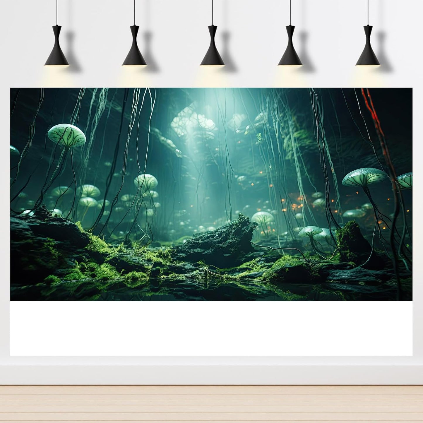 Aquarium Background Foggy Stone Mushroom Green Moss Fish Tank Background Mysterious Green Seaweed Scenery Aquarium Backgrounds White Mushroom Reptile Tank Enclosure Backgrounds Wallpaper 24x16in