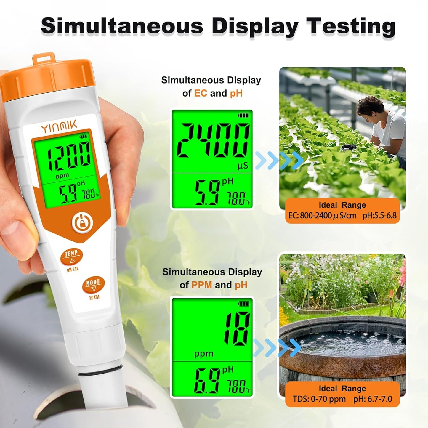 Hydroponics EC pH Tester, Simultaneous Display pH ppm for Base Reservoir Water, Continuous Monitoring of pH Conductivity Temp. ppm for Growing Nutrients, Indoor DWC System, Aeroponic Garden