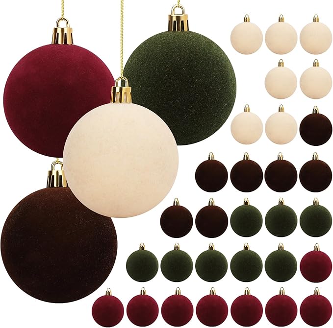 30pcs 6cm/2.4'' Velvet Xmas Balls Flocked Hanging Ornaments Christmas Decoration for Xmas Tree, Garland, Fireplace, Railing. Burgundy, Green, Brown, Beige (2.36" Velvet)