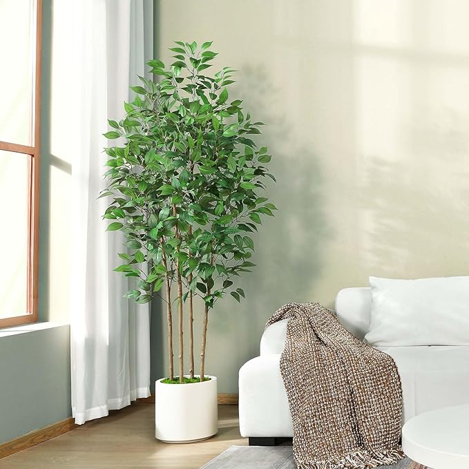 Ficus Artificial Tree 6ft Fake Silk Plant for Home Decor Indoor, Faux Floor Tree in White Imitation Ceramic Planter with Green Fake Moss for Home Office Corner Indoor Decor, Set of 1