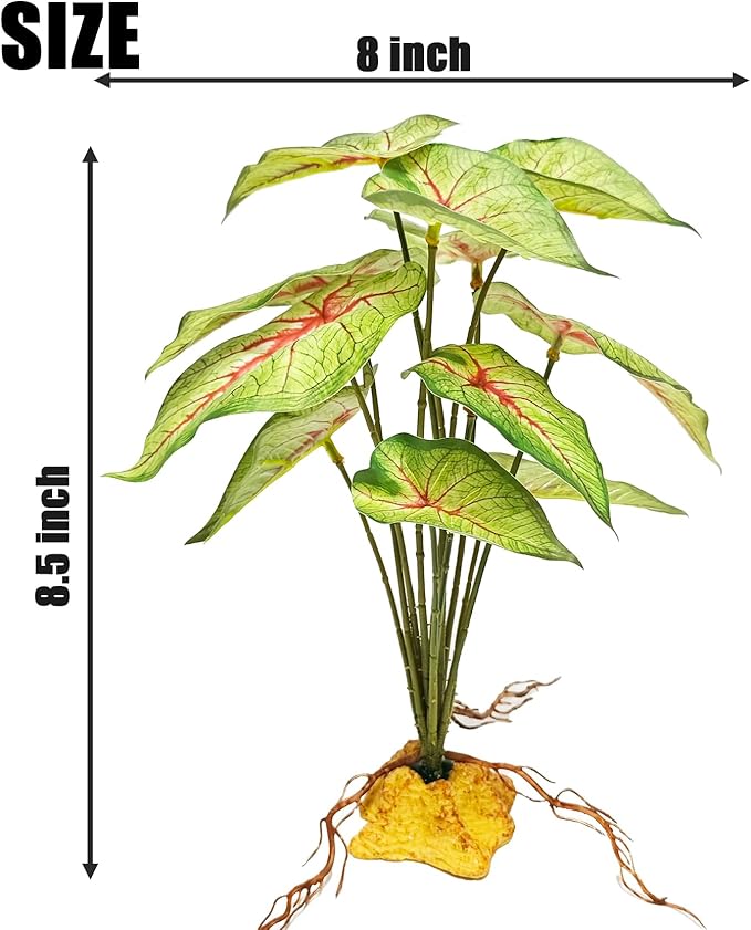 Woyrise Reptile Artificial Plants for Terrarium Decor, Amphibian Habitat Decorations Bearded Dragon Tank Accessories fit Crested Gecko Leopard Lizard Chameleon Ball Python Snake Frog - Fake Caladium