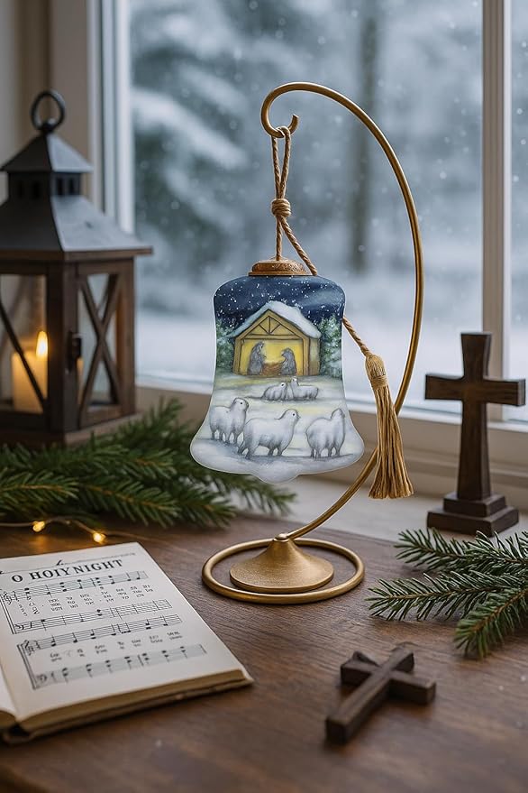 Nativity Bell Christmas Ornament–Hand-Painted Glass Bell with Holy Family & Sheep – Christian Nativity Scene Ornament – Religious Christmas Tree Decoration & Gift