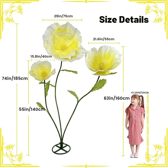 3Pcs Giant Flowers Wedding Decor, Artificial Flower with Stems Large Flower Decorations for Garden, Office, Home Decor, Wedding, Party, Graduation, Store, Art Gallery (Yellow)