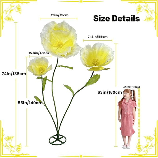 3Pcs Giant Flowers Wedding Decor, Artificial Flower with Stems Large Flower Decorations for Garden, Office, Home Decor, Wedding, Party, Graduation, Store, Art Gallery (Yellow)