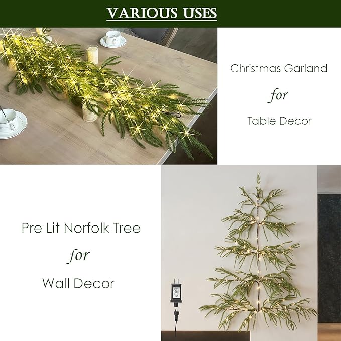 Hairui Lighted Norfolk Pine Wall Tree with Timer 4FT 140 Warm White LED Fairy Lights, Vine Garland with Lights for Home Fireplace Room Window Christmas Decoration Indoor Outdoor