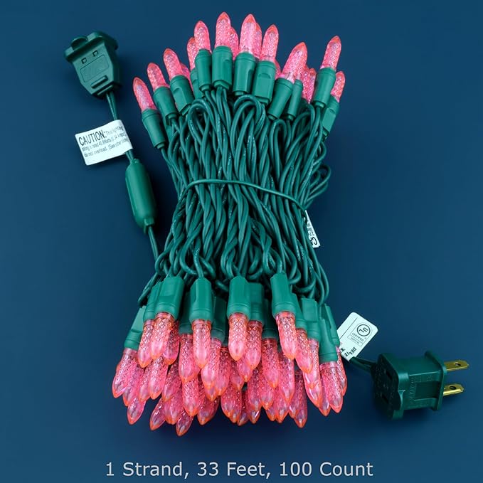 100 Pink Faceted One-Piece LED Christmas Lights, 33 ft Green Cord High Waterproof UL Certified M6 Outdoor String Lights (Pink)
