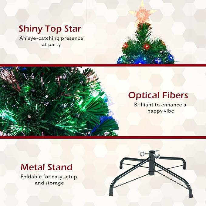 HAPPYGRILL 6FT Pre-Lit Fiber Optic Christmas Tree with Colorful LED Lights, 8 Lighting Modes, 230 Branch Tips, Foldable Metal Base, Pre-Lit Xmas Full Tree Decor for Office Home